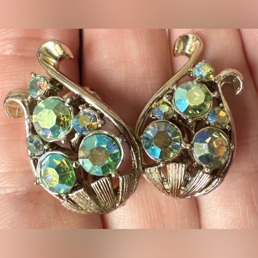 VTG Coro Gold and Green AB Clip-On Earrings Harp Tulip Flower Rhinestone
